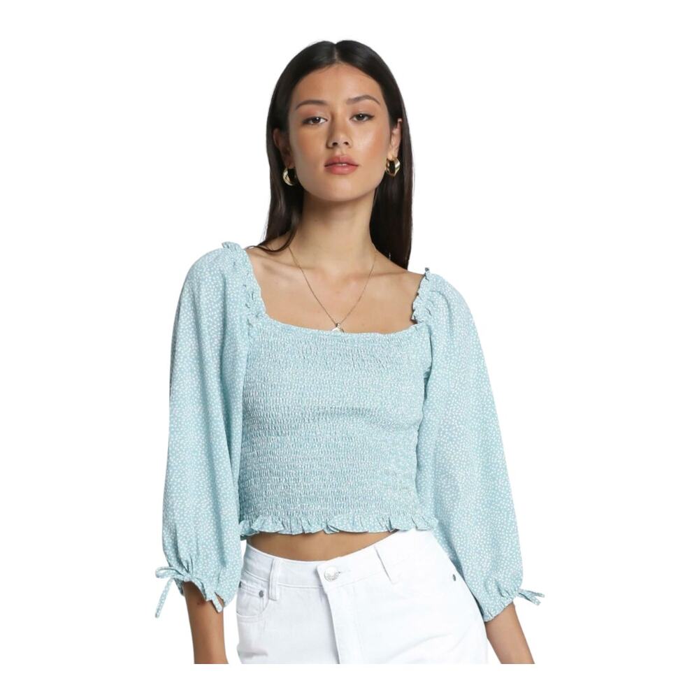 Harper & Me Cropped Top Square Neck 3/4 Sleeve Blue Smocked‎ Women's Size 12